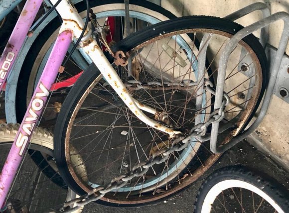 Did RIOC Abandon Its Abandoned Bike Policy? Flat tires and rusted rims tell a story of how many seasons these have suffered under the helix.